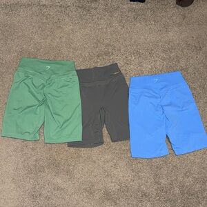 Set of Three Gym Shorts in Green, Gray, and Blue